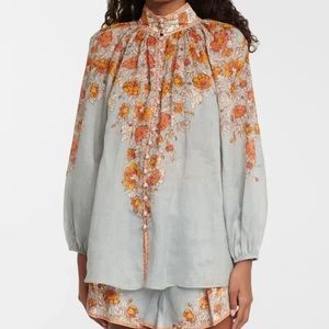 ZIMMERMANN Andie Billow Blouse Floral Mock Neck Raffia Button Blouse 0 Oversized